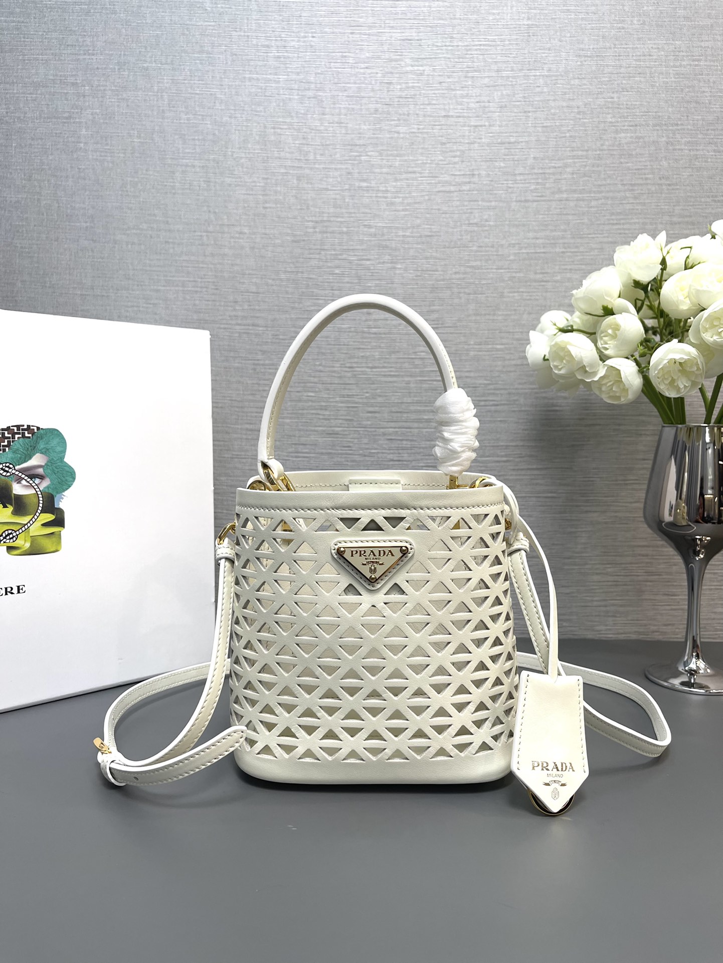 Prada Small Panier Leather Bag With Cut Out Motif White 1BA217